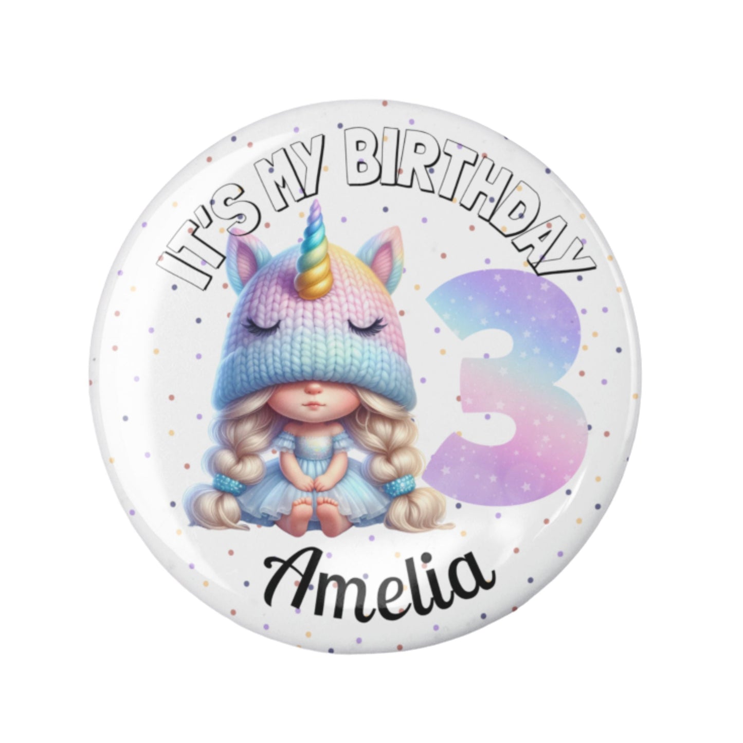 Button badge with unicorn-themed design and text 'It's my birthday 3 Amelia' on a white background