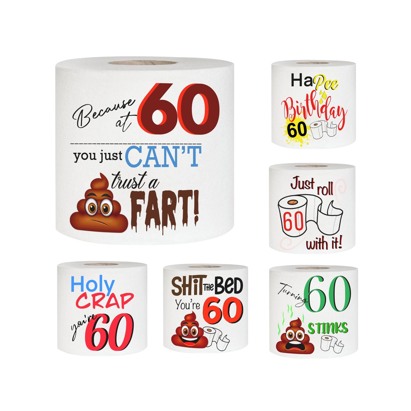 Funny 60th Birthday Gag Gift Toilet Paper Rolls with humorous designs, perfect for a quirky milestone party decor.
