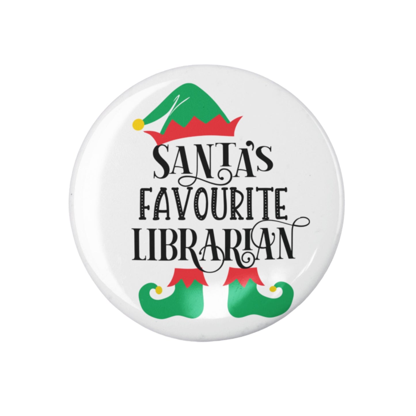 Santa's Favourite Pin for Librarians, a festive badge ideal for celebrating the Christmas spirit.