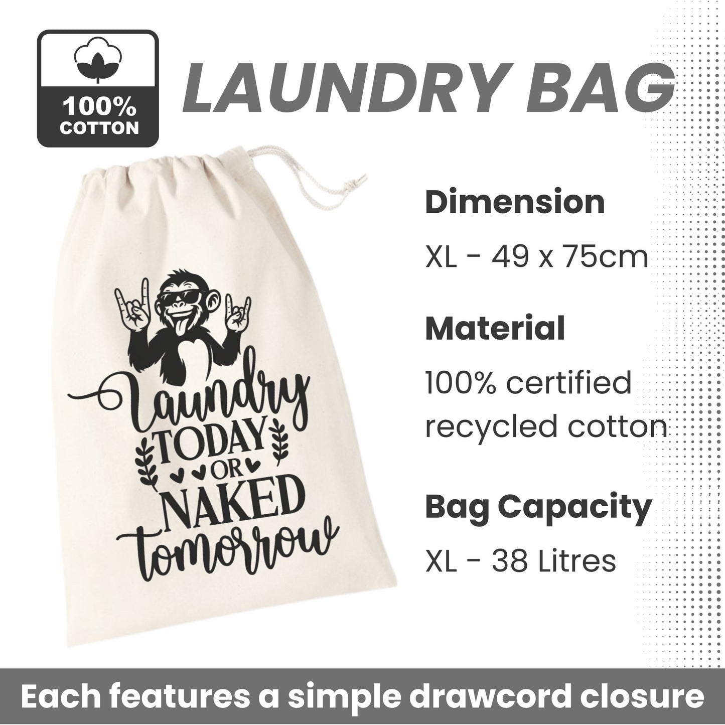 Travel Large Laundry Bags Recycled Cotton XL Size 49 x 75cm University Dorm Room Essentials Drawstring Bag Heavy Duty Laundry Bag