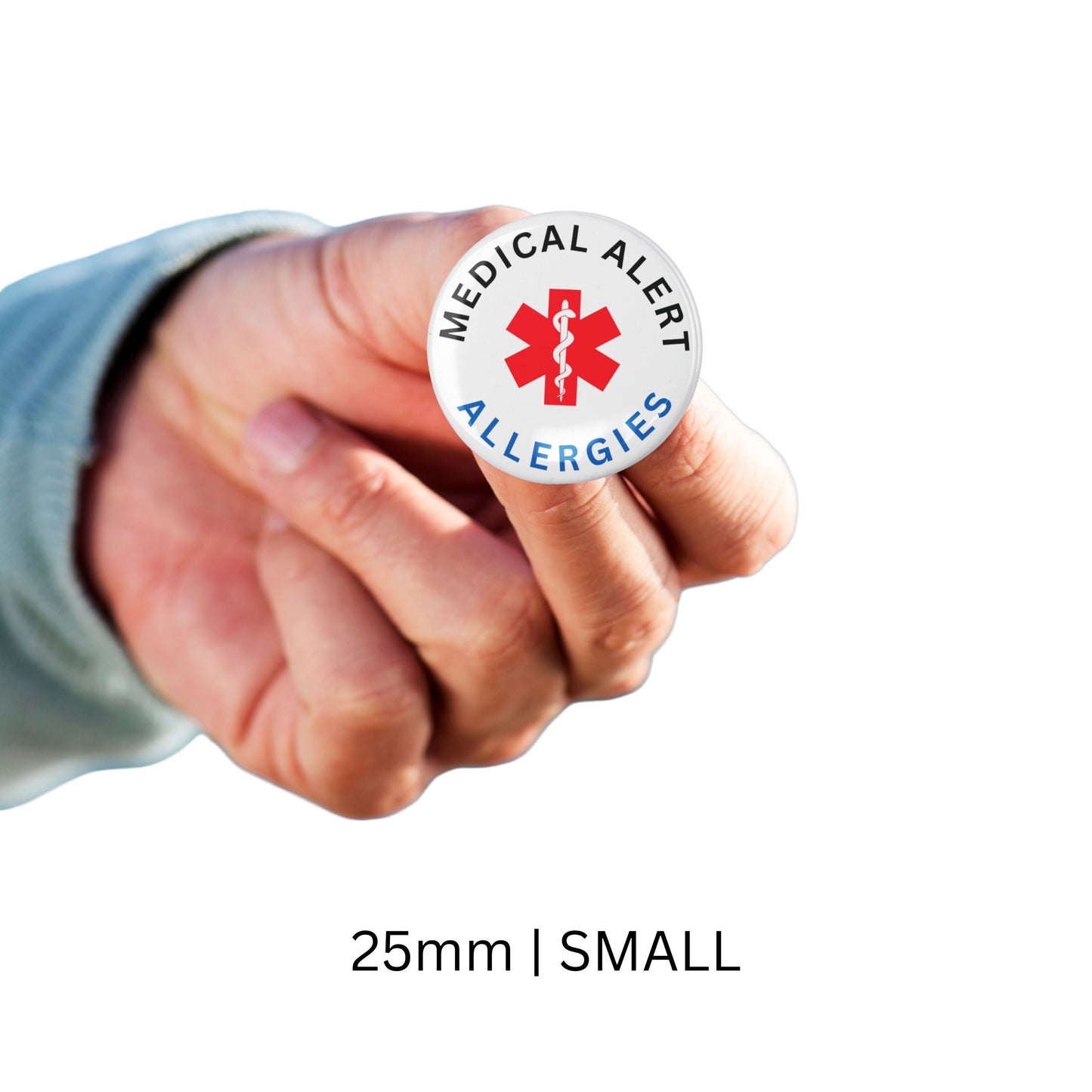 Close-up view of the Allergies Medical Alert Jewelry Badge - 1in (25mm) emphasizing its compact size and clear text, perfect for ensuring safety in emergencies with medical alert jewelry.