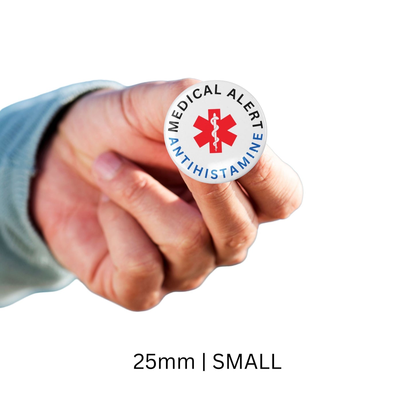 A person holding the EMUWORKS Antihistamine Medical Alert Pin 1in 25mm, showcasing this essential allergy awareness badge in a compact size, ideal for communicating allergy needs.