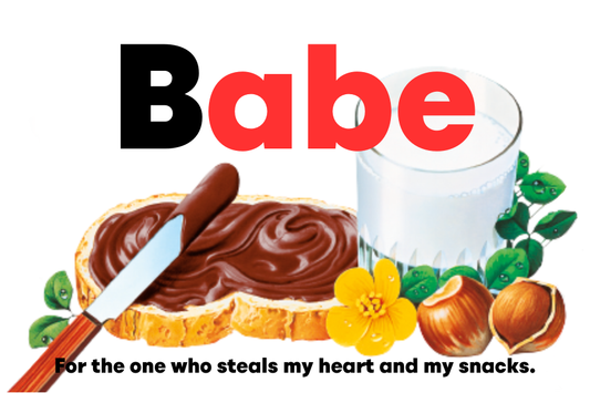 Custom Nutella jar label displaying 'Babe' with fun illustrations of Nutella and glass of milk.