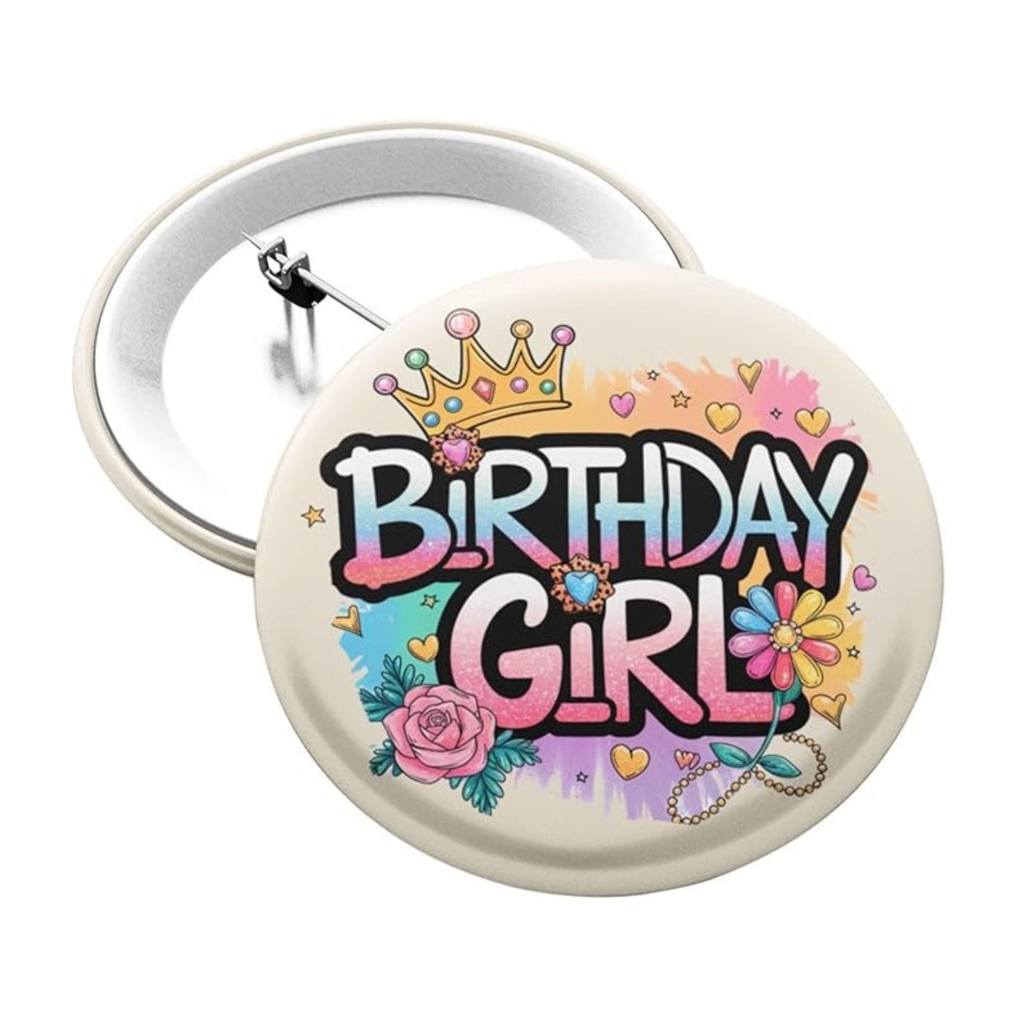 Birthday Girl Badge Crown and Roses Happy Birthday Party Badges For Girls