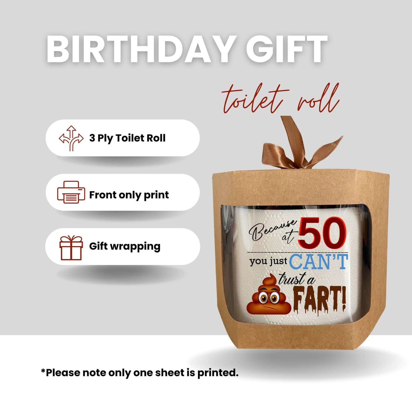 Funny 50th Birthday Gag Gift Toilet Roll with gift packaging, highlighting the phrase 'Because at 50 you just CAN'T trust a FART!' A clever option for a funny 50th birthday gift.