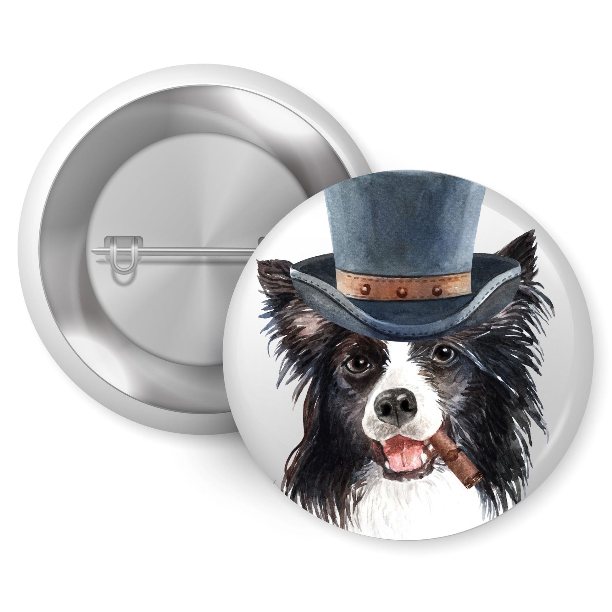 Elegant Border Collie Costume Character Pin Badge with a stylish top hat - Fun Accessory for Dog Lovers perfect for adding a unique touch to your outfit. Ideal border collie pin badge for dog lovers.
