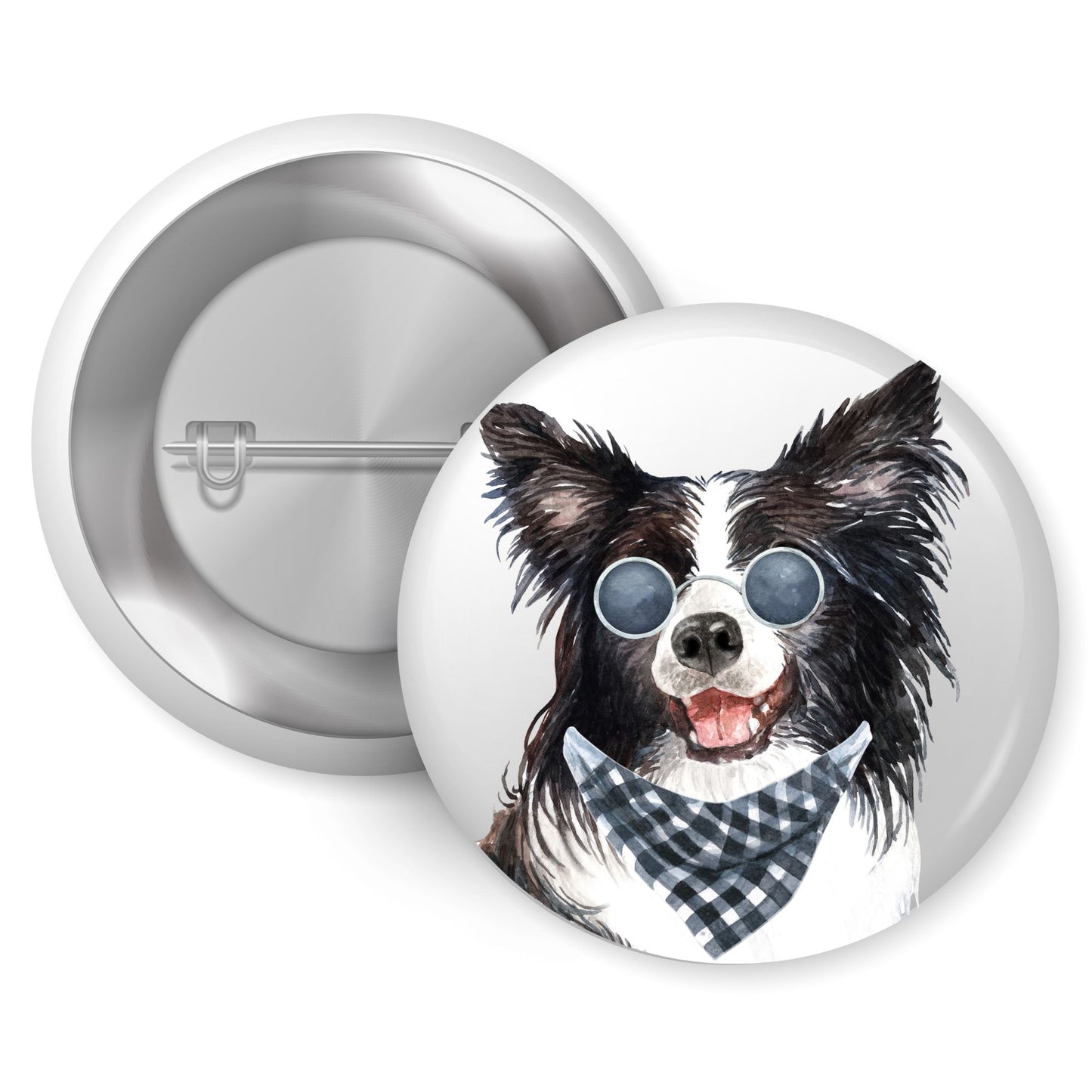 Cool Border Collie Costume Character Pin Badge featuring retro sunglasses and a bandana - Fun Accessory for Dog Lovers perfect for casual or themed events. A must-have border collie pin badge.