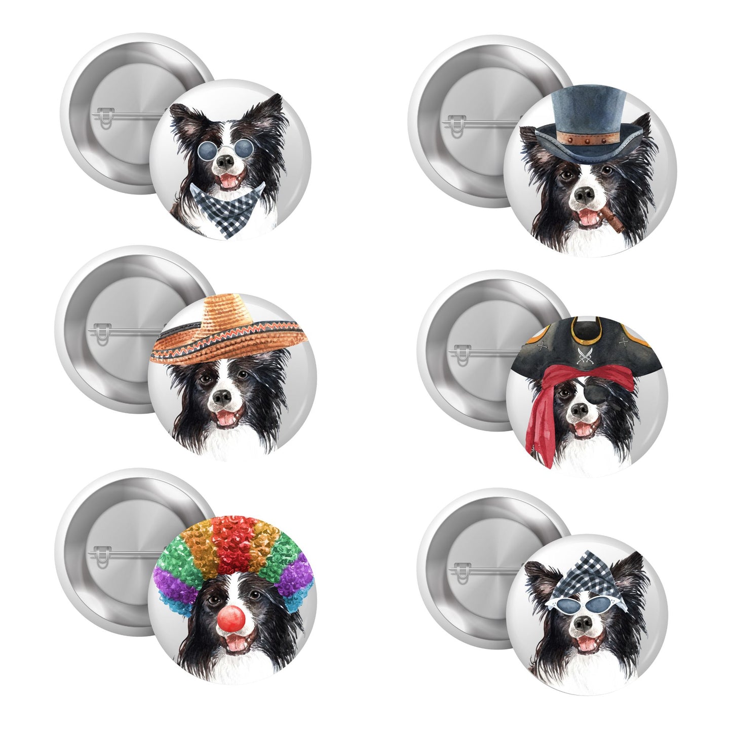 Border Collie Costume Character Pin Badge set featuring multiple designs - Fun Accessory for Dog Lovers showcasing playful Border Collies in various costumes, ideal for collectors and pet enthusiasts. Perfect border collie pin badge gift.