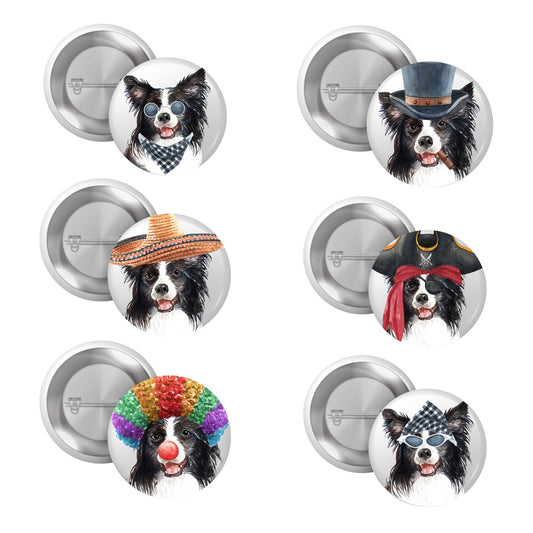 Border Collie Costume Character Pin Badge set featuring multiple designs - Fun Accessory for Dog Lovers showcasing playful Border Collies in various costumes, ideal for collectors and pet enthusiasts. Perfect border collie pin badge gift.