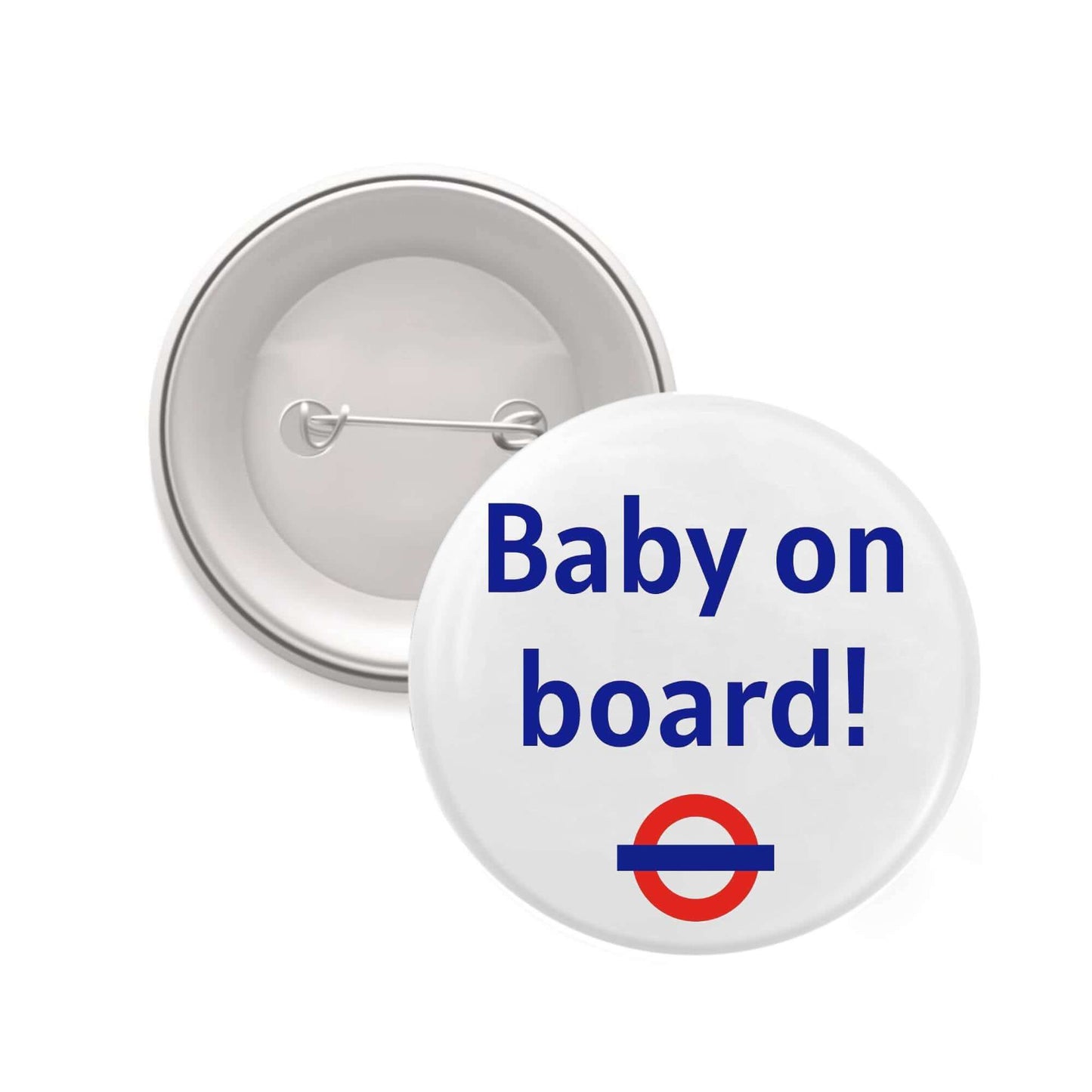 Back view of the EMU Works Baby On Board Pin showing the pin backplate, ideal for securely attaching the stylish badge to clothing or bags.