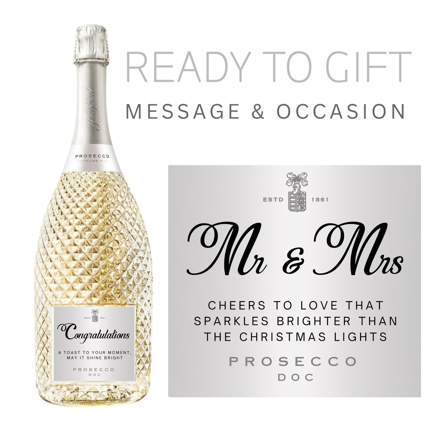 Prosecco bottle adorned with 'Cheers to Love' sticker - stylish prosecco gift stickers for special celebrations.