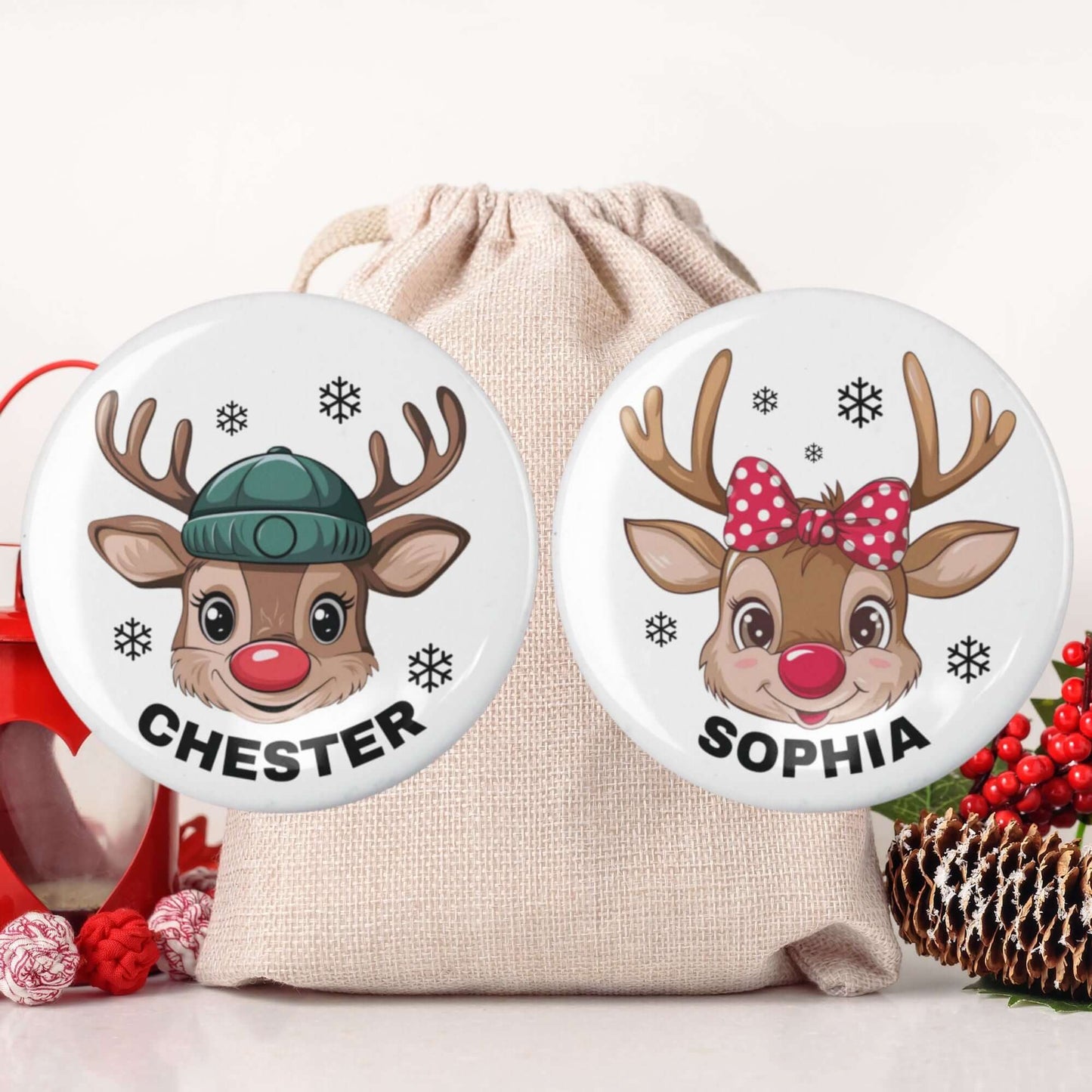 Personalised Christmas Badges For Kids Reindeer For Boys and Girls - EMU Works