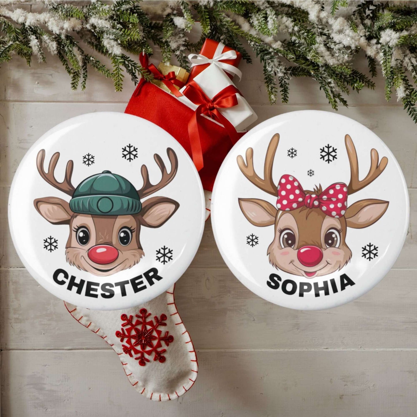 Personalised Christmas Badges For Kids Reindeer For Boys and Girls - EMU Works