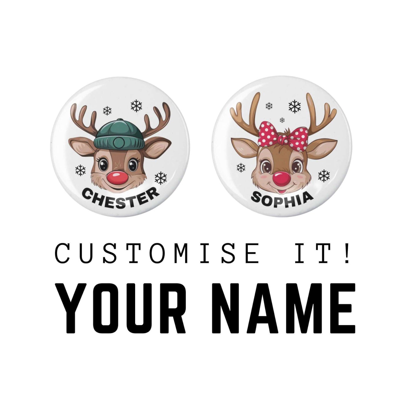 Personalised Christmas Badges For Kids Reindeer For Boys and Girls - EMU Works