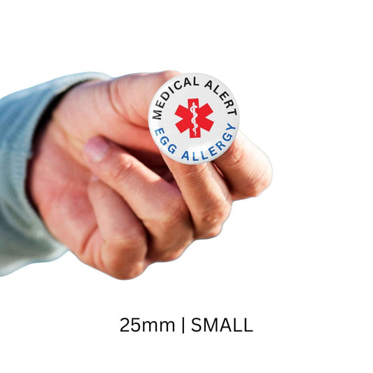 Food Allergy Alert Badge - Egg Allergy Medical Alert Logo 1in (25mm), Secure Fit, Clear Text