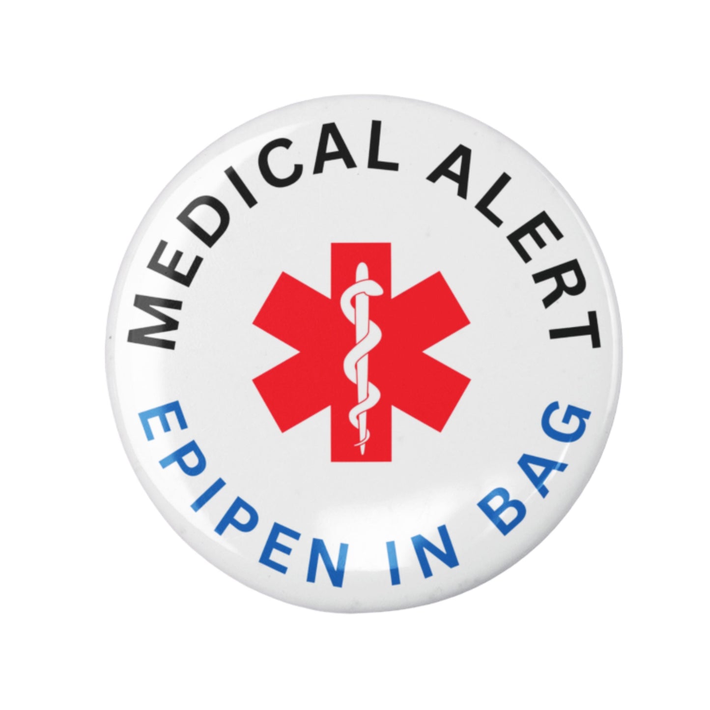 Epipen Badge for Bag - 25mm Medical Alert Logo featuring a red medical cross, designed for high visibility and emergency recognition.