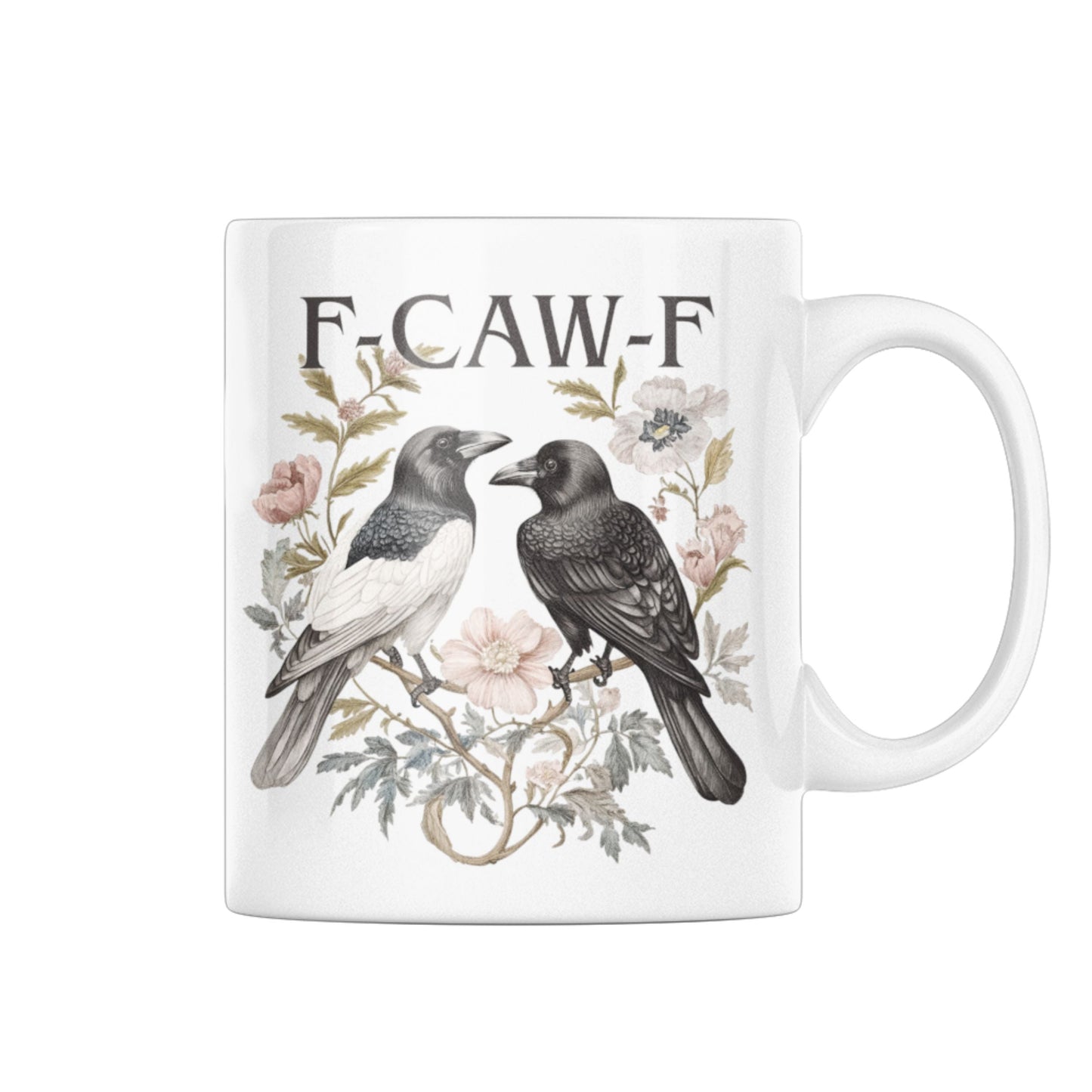 Funny Swear Words F Caw Halloween Mug 11oz glossy ceramic featuring two crows surrounded by floral elements. This humorous gothic coffee cup adds charm to your dark aesthetic.