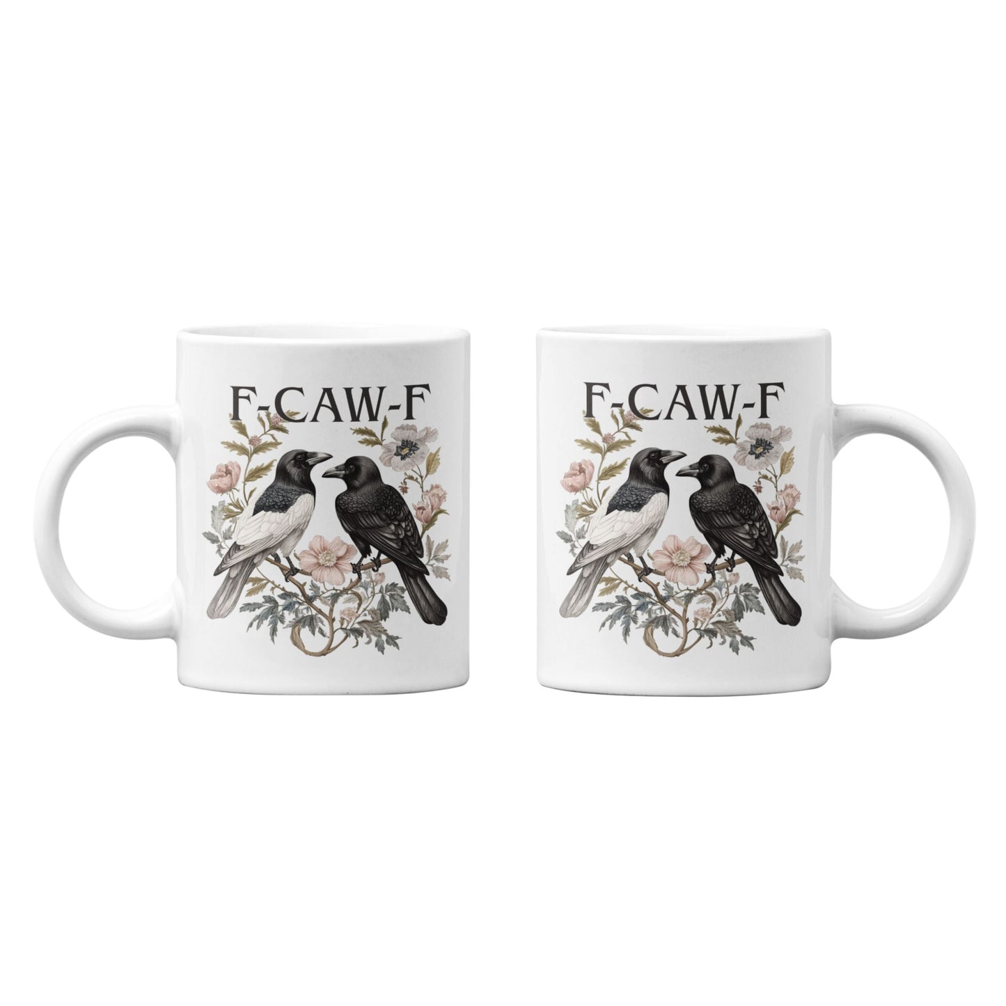Funny Swear Words F Caw Halloween Mug featuring a dual-crow illustration and floral embellishments. This unique gothic coffee cup is perfect for a playful start to your day.