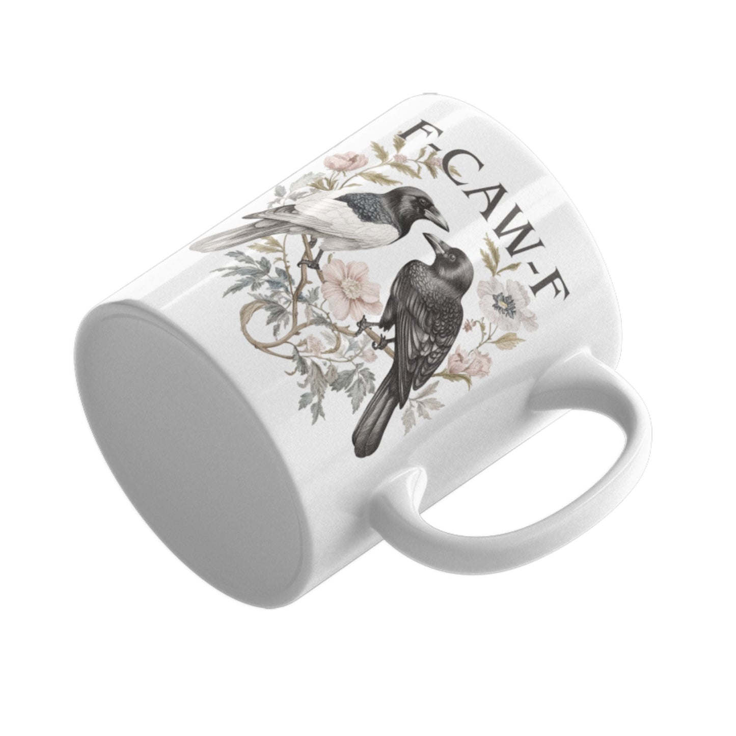 Funny Swear Words F Caw Halloween Mug angled view highlighting the detailed crow artwork and ceramic finish. A must-have gothic coffee cup for those with a sense of humour.