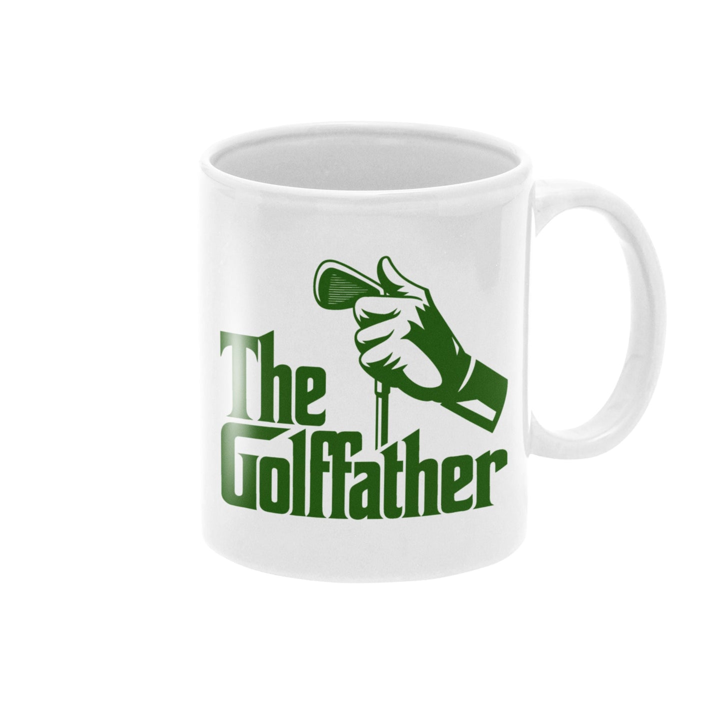 Golffather Funny Coffee Mug highlighting the unique hand and club design, a great choice among golf gifts for dad.