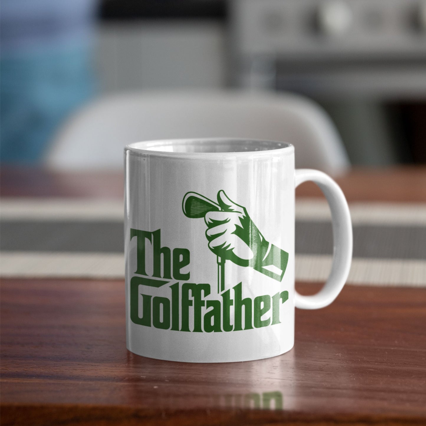 Golffather Funny Coffee Mug placed on a wooden table, ideal for anyone searching for golf gifts for dad.