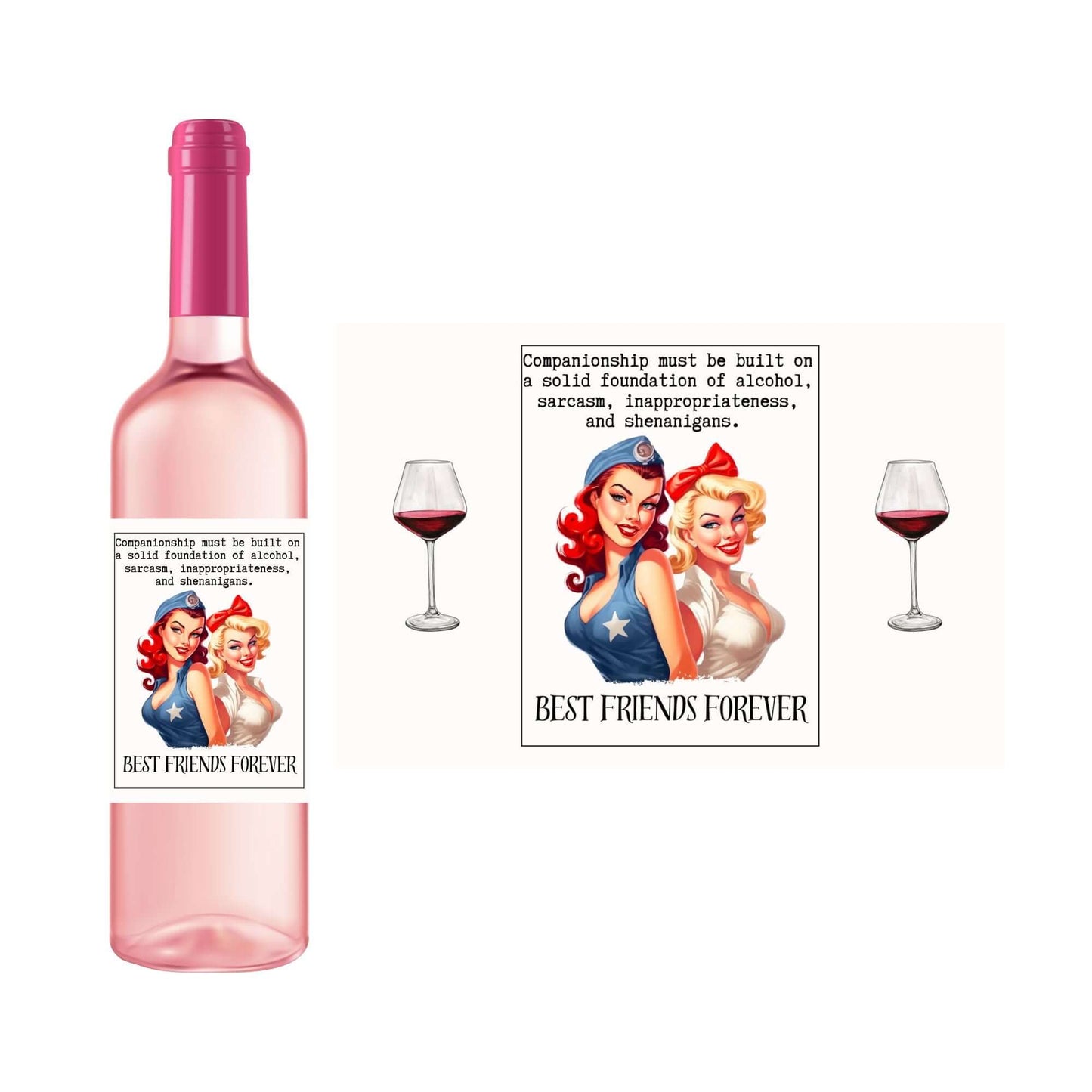 Best Friends Forever Wine Label Vintage Pin Up Girl Design Stickers For Bottles - EMU Works