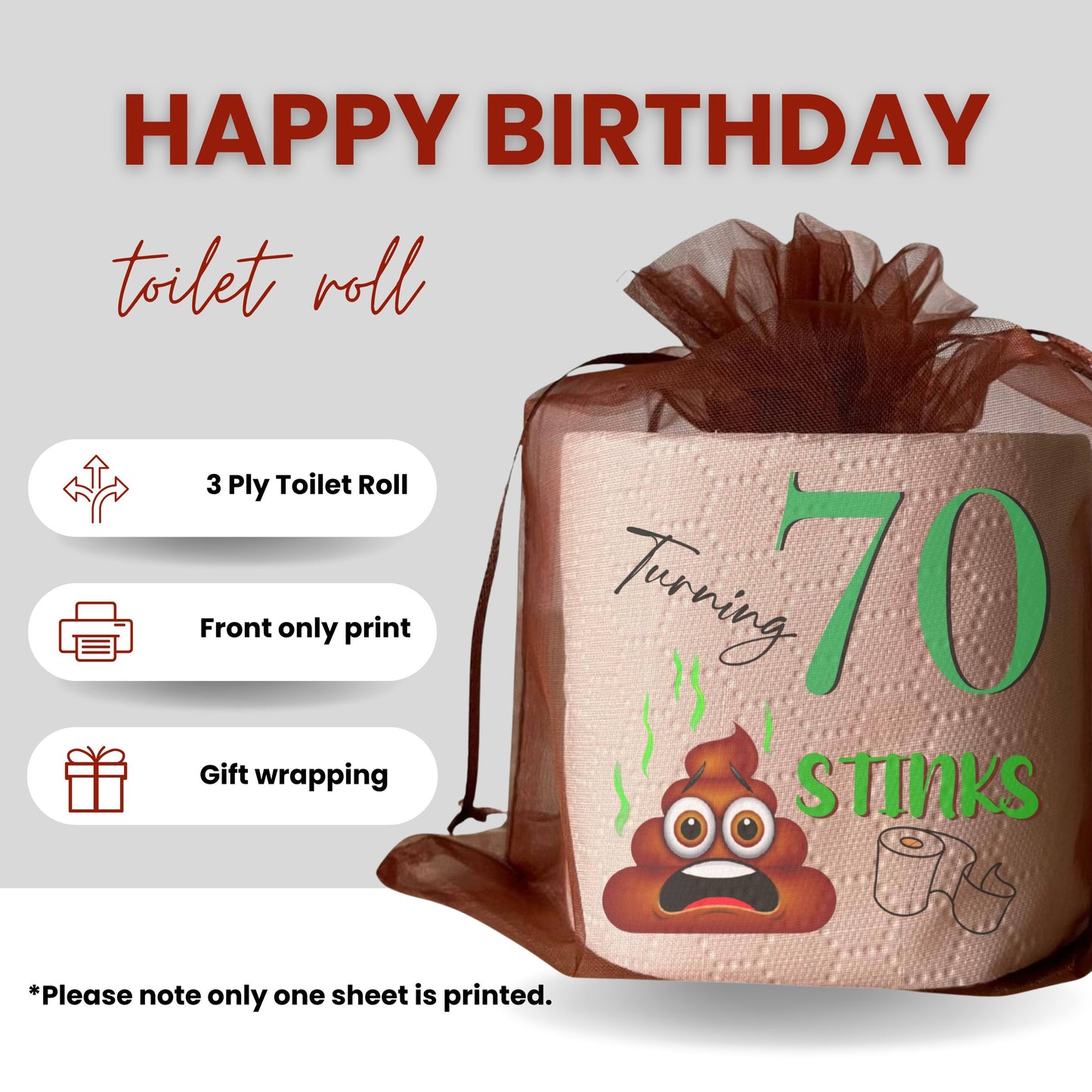 Birthday gift with 'Turning 70 Stinks' design on a toilet paper roll packaging.