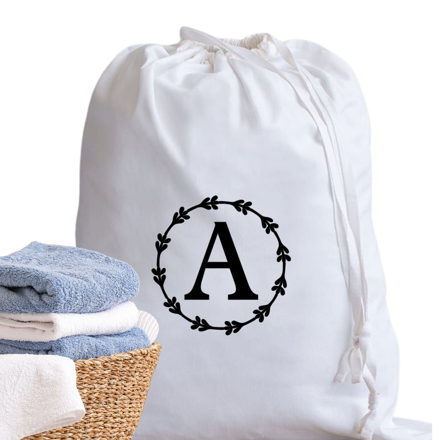 Laundry Bag Monogrammed Travel Cotton Laundry Lightweight White 53 x 44 cm Dorm Room Essentials Sustainable Drawstring Bag University Gift