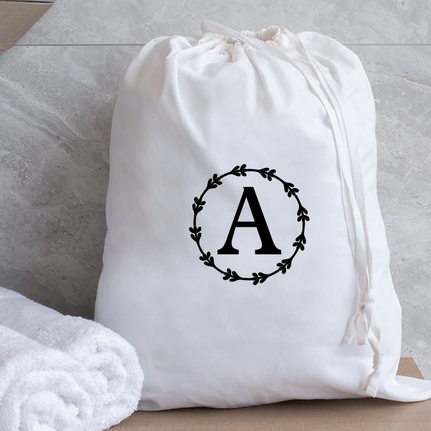 Laundry Bag Monogrammed Travel Cotton Laundry Lightweight White 53 x 44 cm Dorm Room Essentials Sustainable Drawstring Bag University Gift