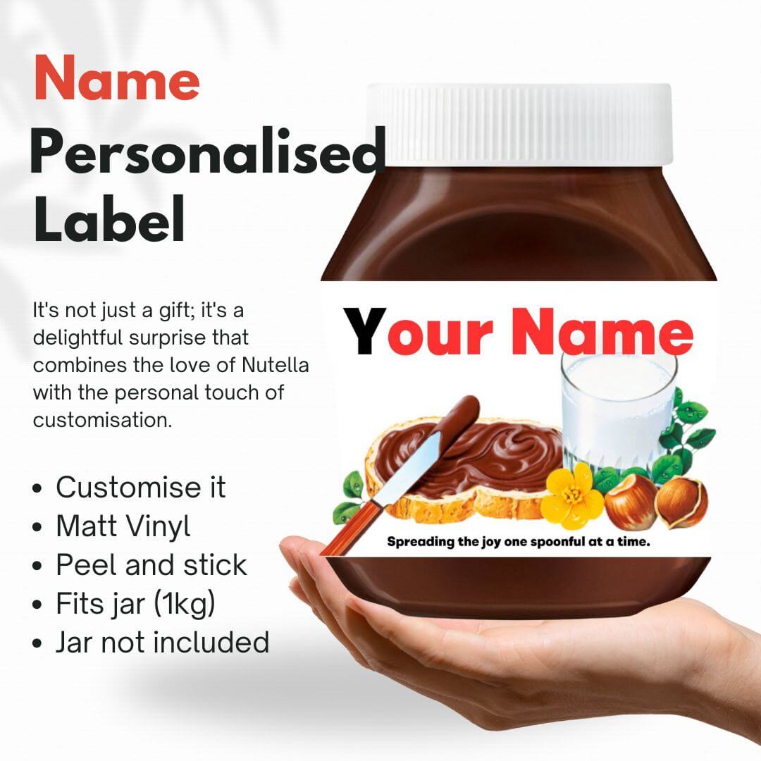 Personalized Nutella Jar Sticker displayed on a 1kg jar, showing the unique customisation feature.
