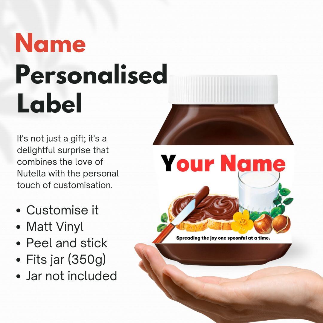 Personalized Nutella Jar Sticker on a Nutella jar, highlighting the custom name option and premium matt vinyl.