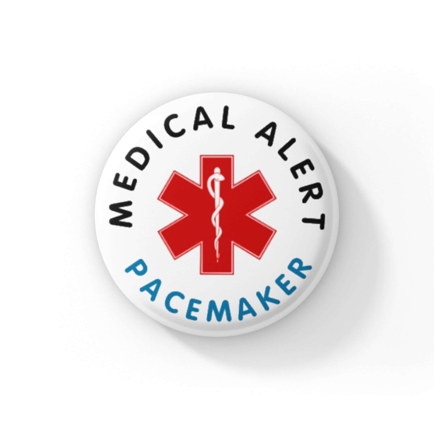 Profile shot of the Pacemaker Alert Pin showing its vibrant design for proactive health safety.