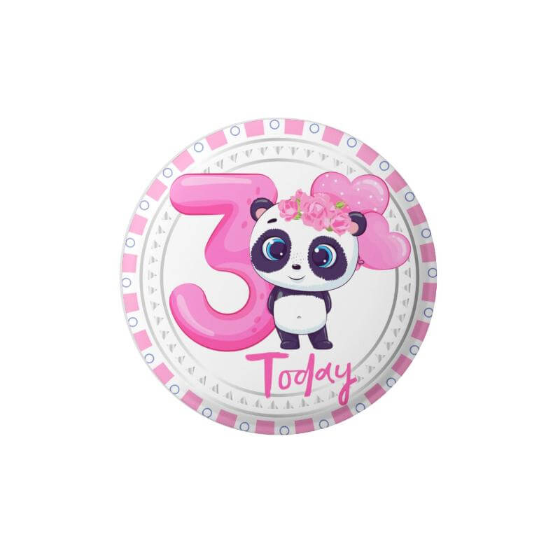 Birthday Pin Badge - Panda Cartoon Badge for Birthday Girl - Glossy Print, Secure Fit, Age 3 - EMU Works