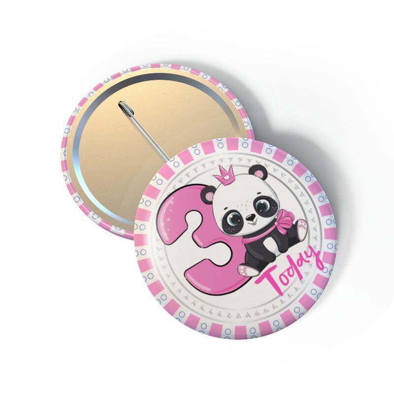 Birthday Pin Badge - Panda Cartoon Badge for Birthday Girl - Glossy Print, Secure Fit, Age 3 - EMU Works