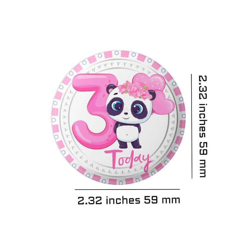 Birthday Pin Badge - Panda Cartoon Badge for Birthday Girl - Glossy Print, Secure Fit, Age 3 - EMU Works