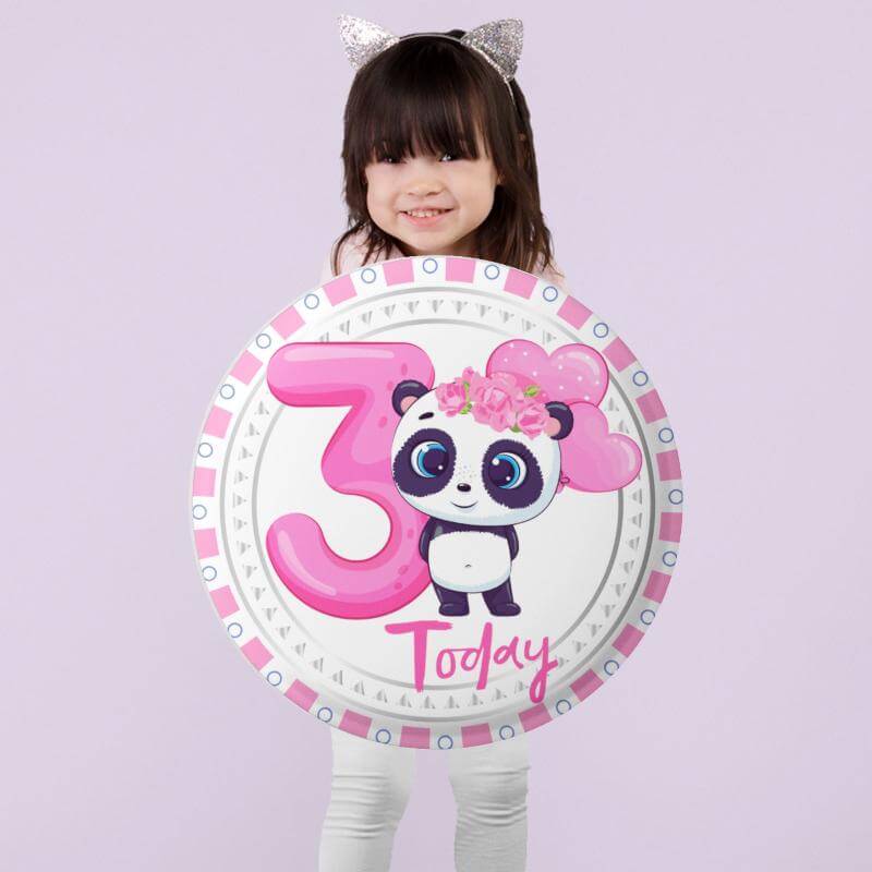 Birthday Pin Badge - Panda Cartoon Badge for Birthday Girl - Glossy Print, Secure Fit, Age 3 - EMU Works