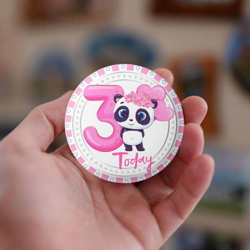 Birthday Pin Badge - Panda Cartoon Badge for Birthday Girl - Glossy Print, Secure Fit, Age 3 - EMU Works
