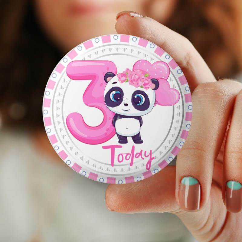 Birthday Pin Badge - Panda Cartoon Badge for Birthday Girl - Glossy Print, Secure Fit, Age 3 - EMU Works