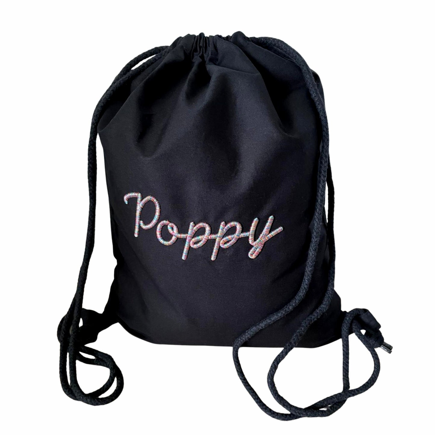 Durable and lightweight custom drawstring bag, designed with easy access rope closures and custom embroidery.