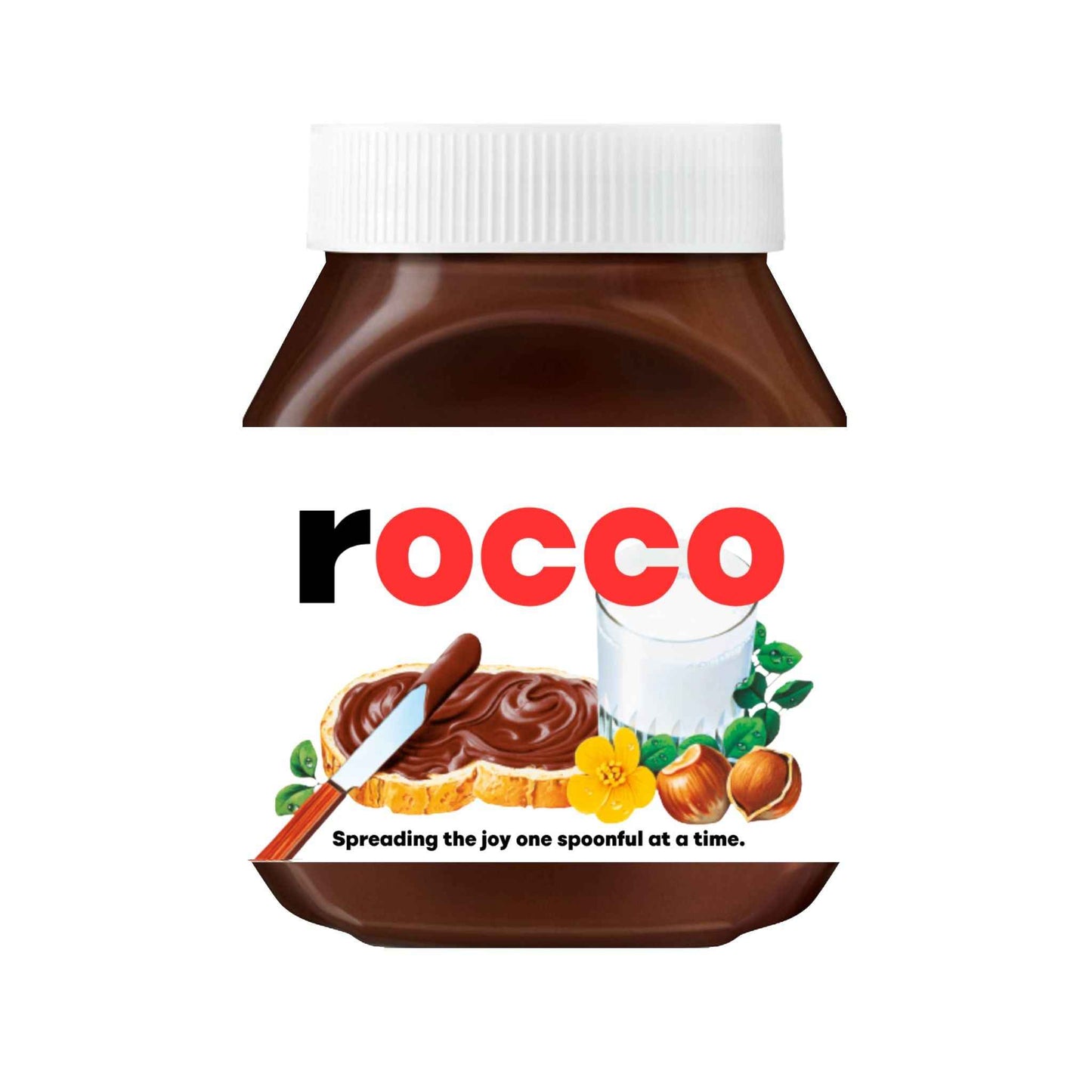 Custom Nutella label showcasing the name 'Rocco', a great way to personalise your chocolate spread.