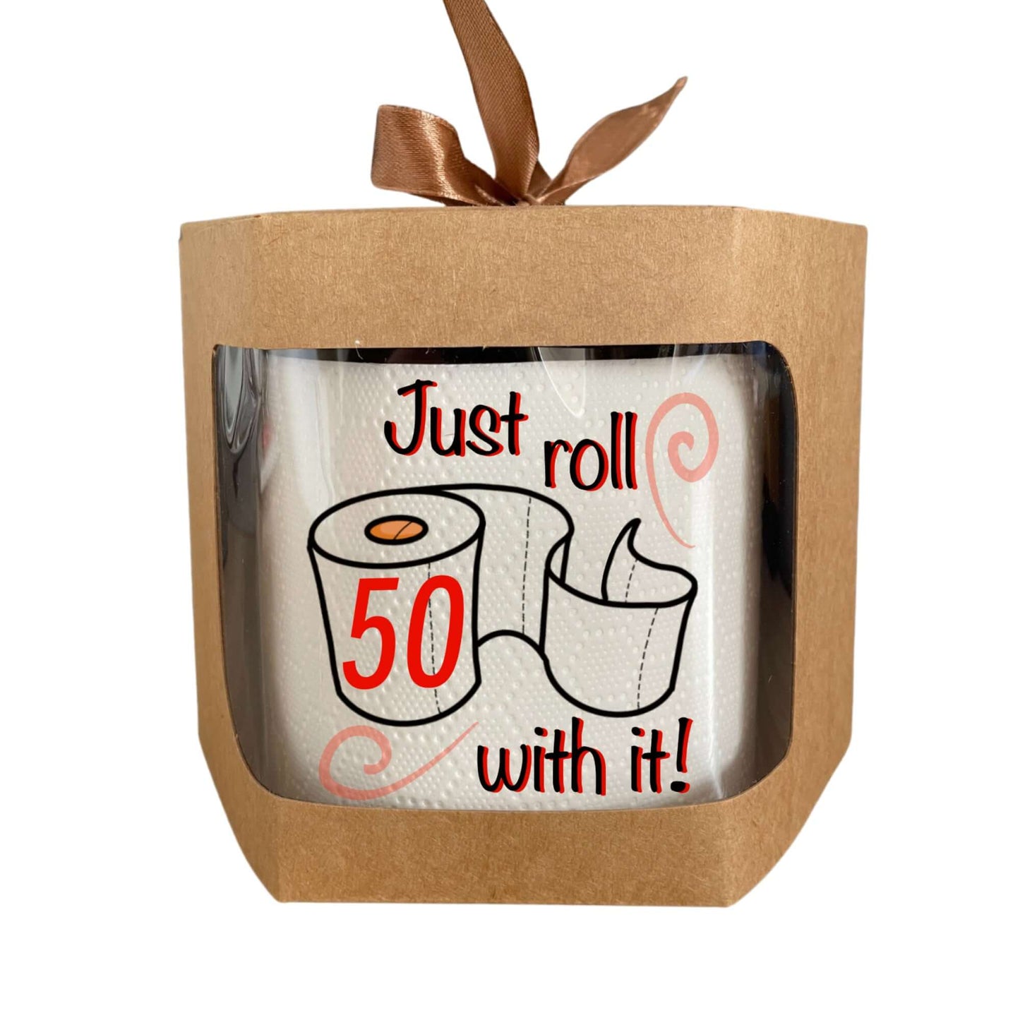 Funny Toilet Roll Gift: Novelty 50th Birthday Toilet Tissue packaged in a stylish box, highlighting the phrase 'Just roll 50 with it!' - a quirky gift for birthday fun.