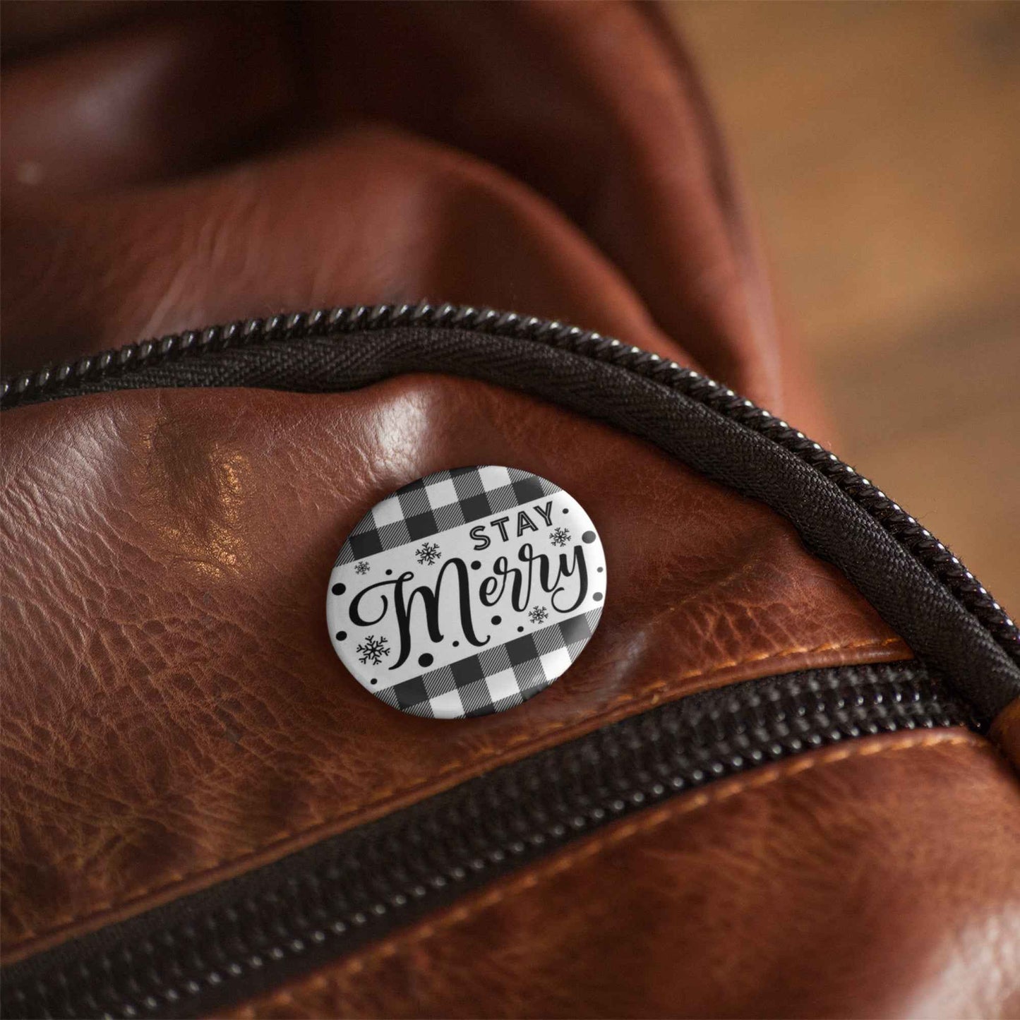 Christmas Stocking Filler - 1 Inch Stay Merry Black and White Badge - Festive Pinback Accessory