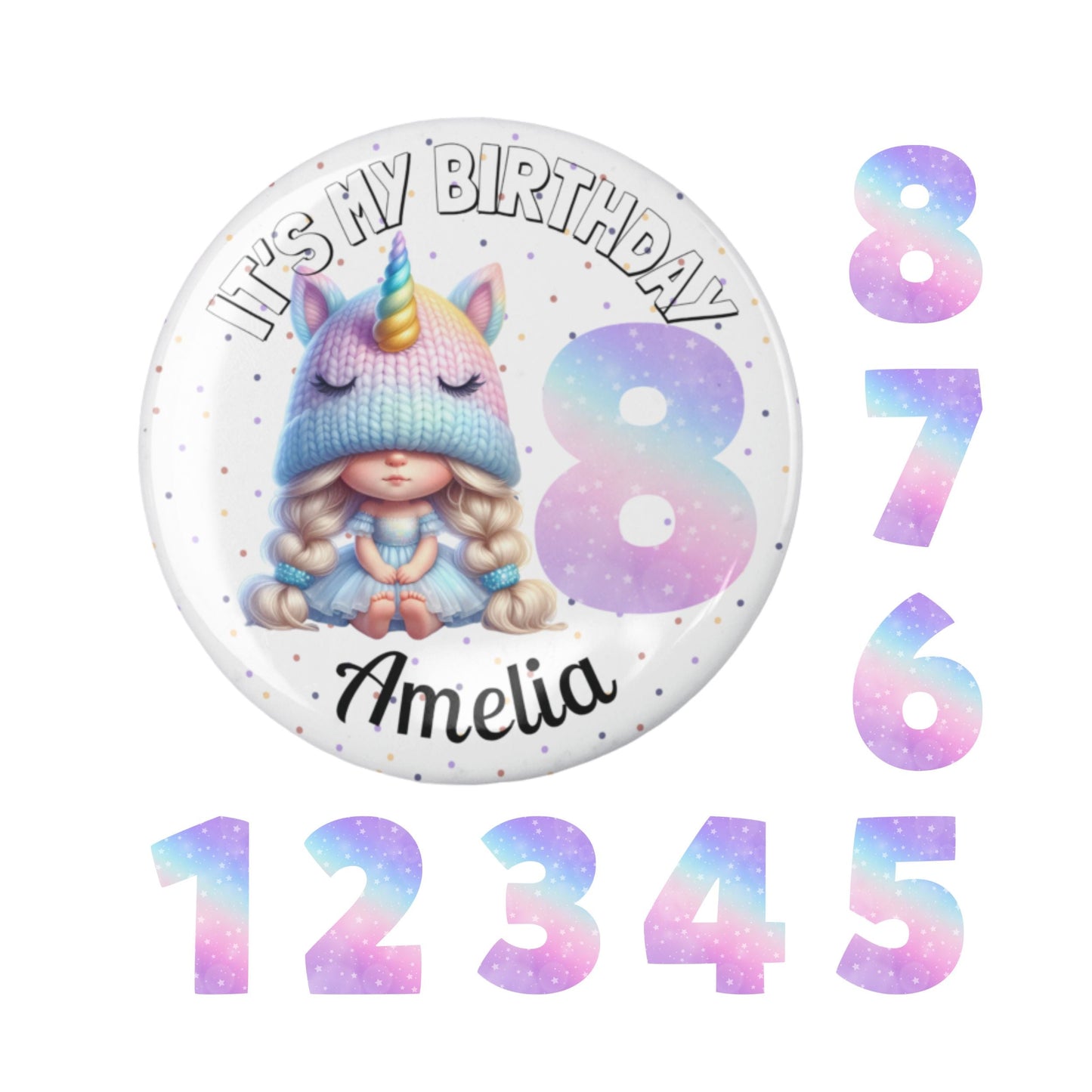 Round birthday badge with unicorn-themed design and numbers on a white background