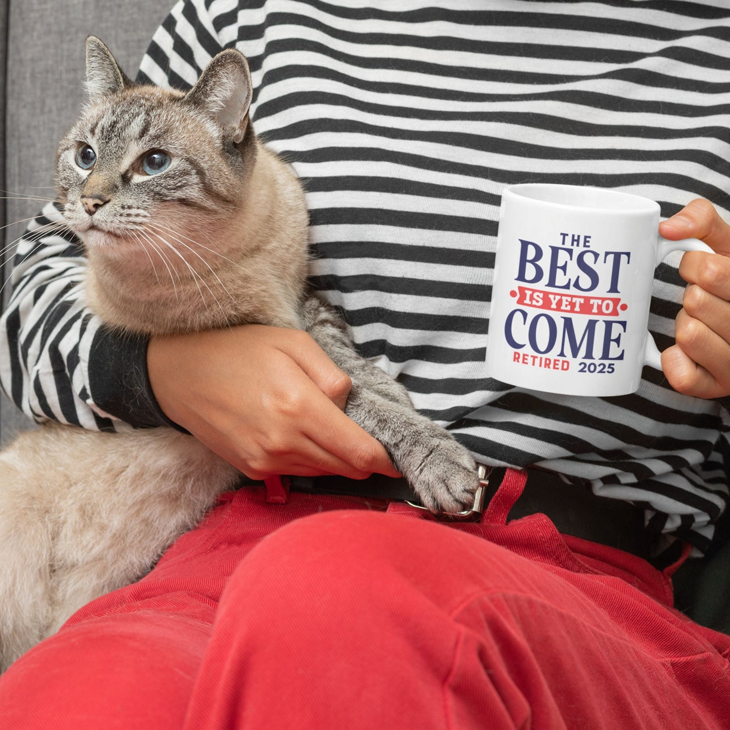 Person lounging with a Happy Retirement Coffee Mug 2025 and a cat, featuring 'The Best Is Yet To Come Retired 2025' - an ideal retirement coffee mug for relaxation.