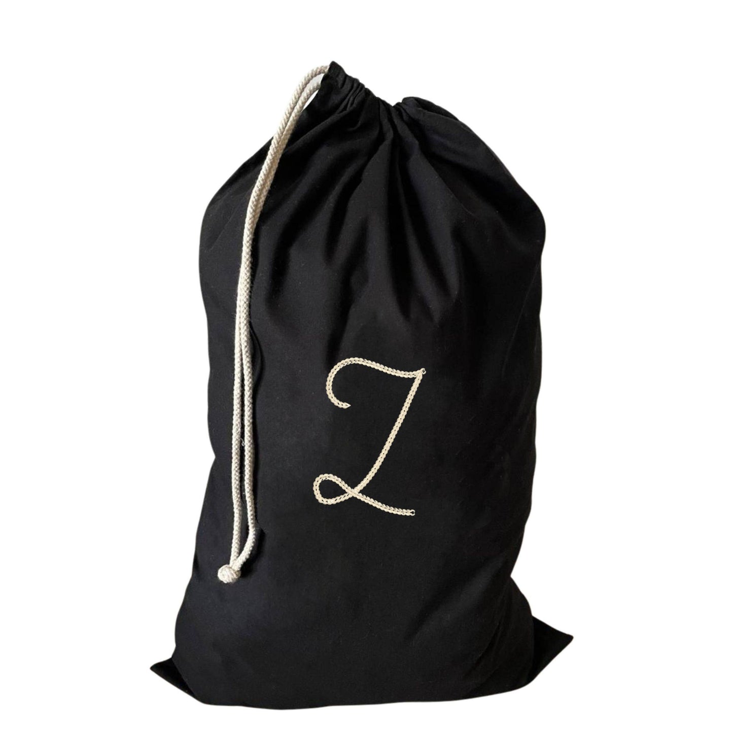 Personalised large drawstring laundry bag showcasing a Z initial, ideal for keeping laundry organised.