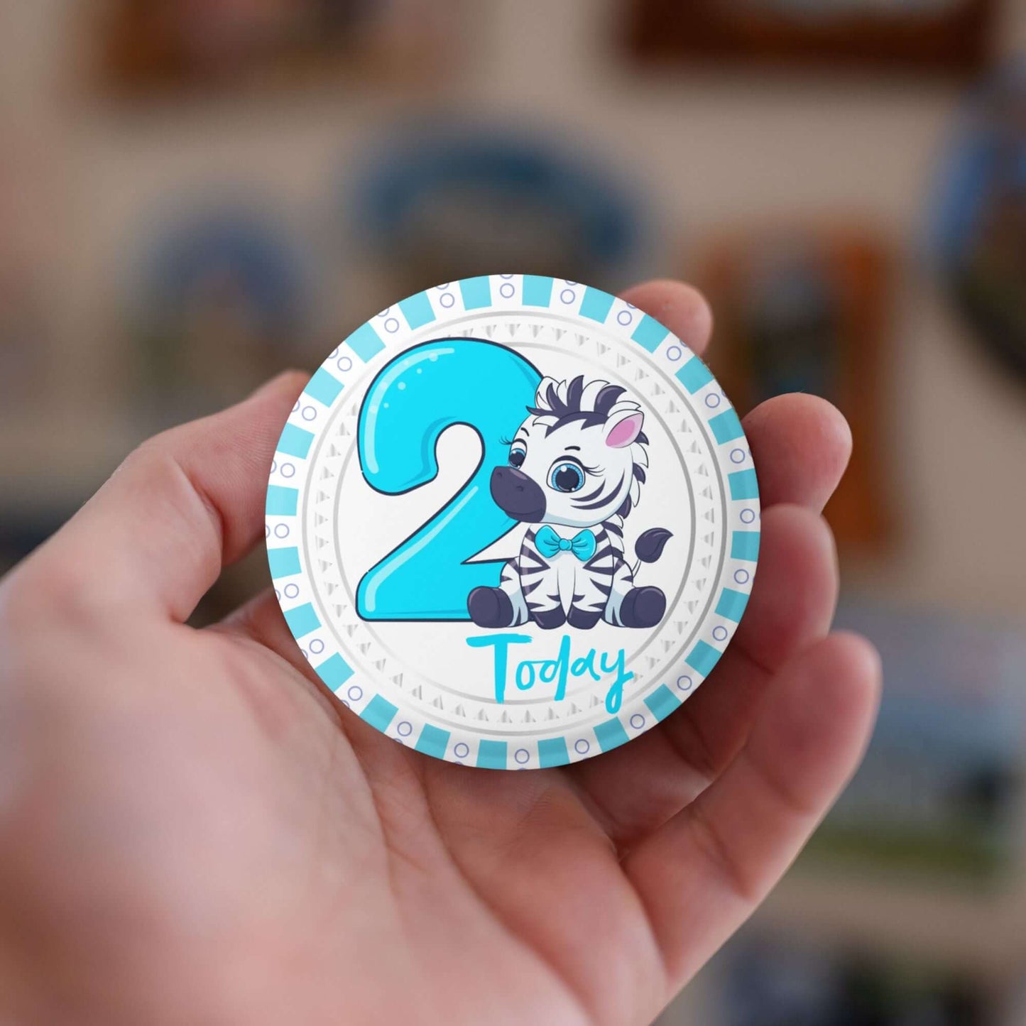Birthday Pin Badge - Zebra Cartoon Badge for Birthday Boy - Glossy Print, Secure Fit, Age 2 - EMU Works