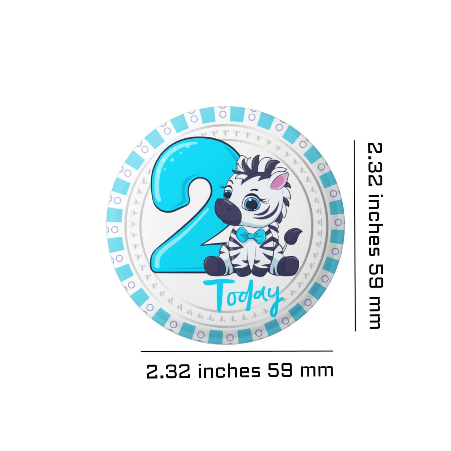 Birthday Pin Badge - Zebra Cartoon Badge for Birthday Boy - Glossy Print, Secure Fit, Age 2 - EMU Works