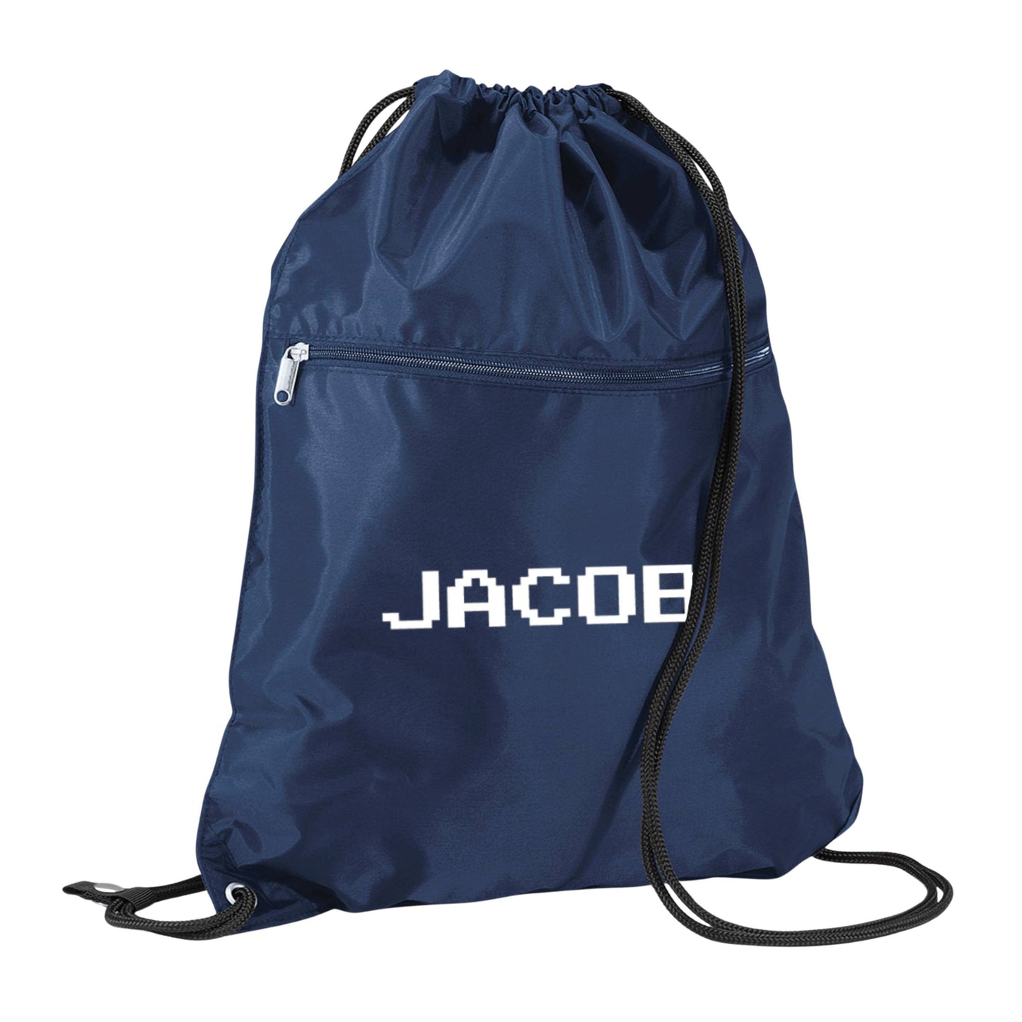 Navy blue drawstring bag with 'JACOB' printed on it against a white background