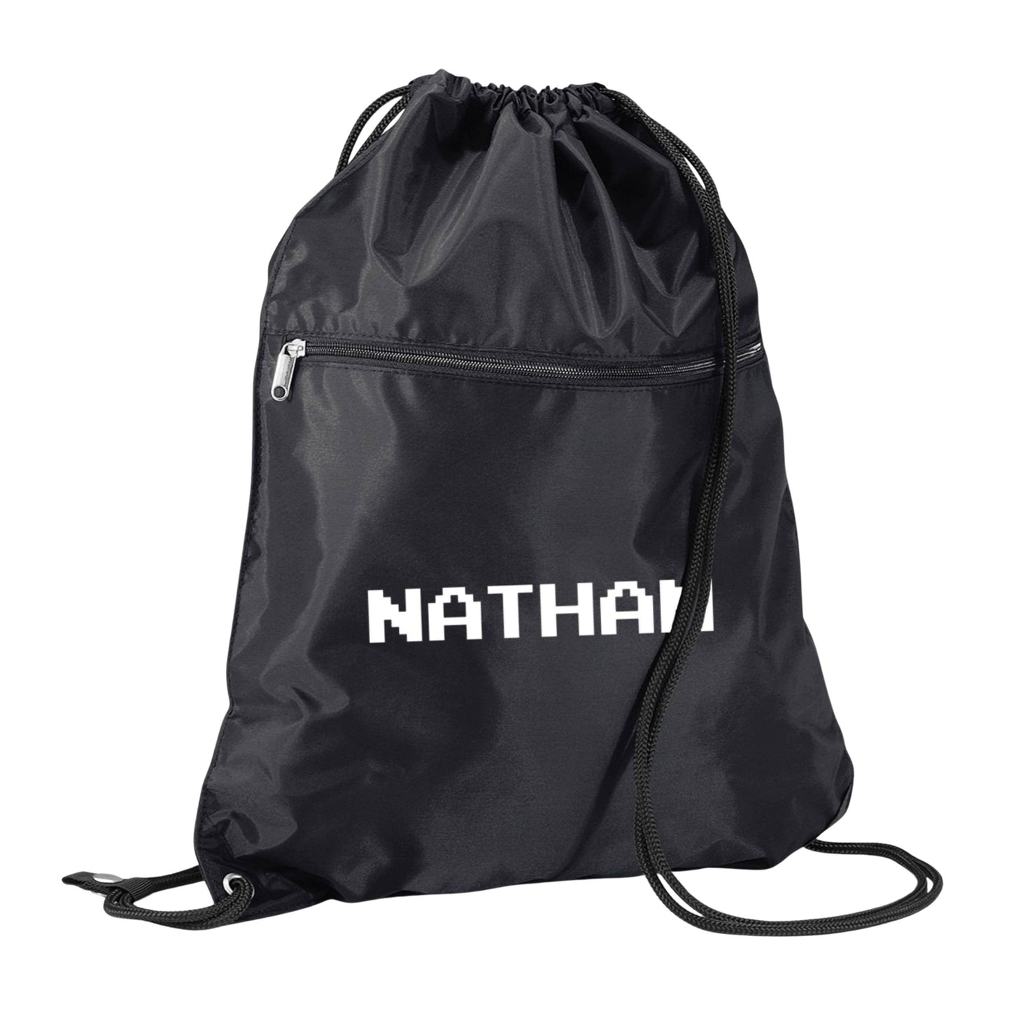 Black drawstring bag with 'Nathan' branding on a white background