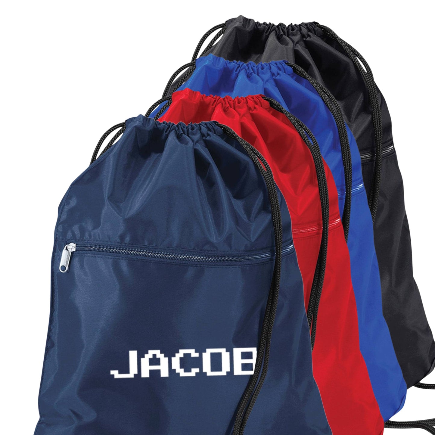 Four drawstring bags in blue, red, and black with 'JACOB' branding on a white background.